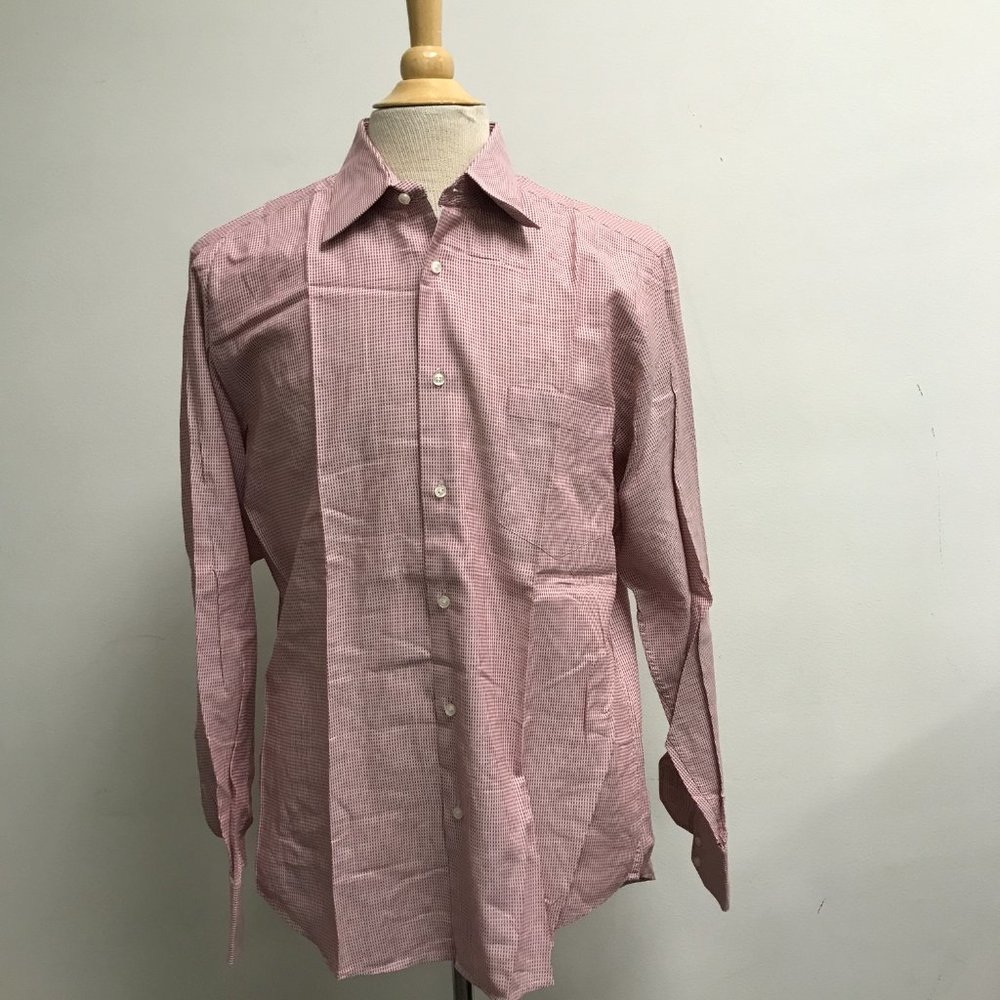 Hugo Boss Red micro check long sleeve cotton dress casual button up shirt 16.5 L